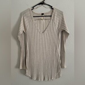 Free People We The Free Ribbed V-Neck Long Sleeve Top Oatmeal Knit